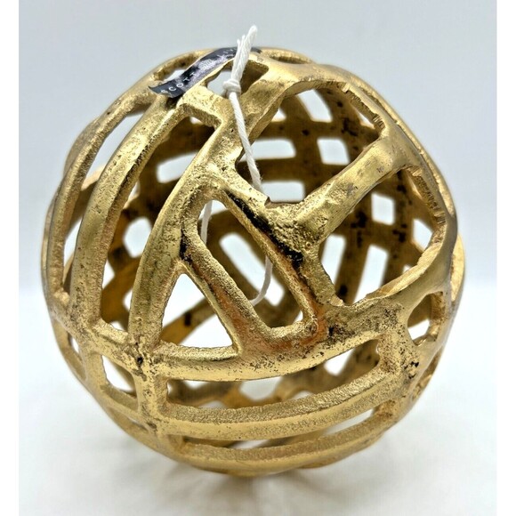 Scott Living Metal Decorative Globe Orb Gold Finish 6"Round Geo Cutouts Textured - Picture 2 of 11